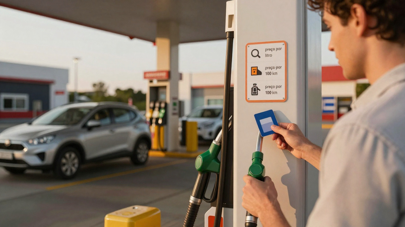 Homem usando cartão em bomba de combustível em posto de gasolina com carros ao fundo.