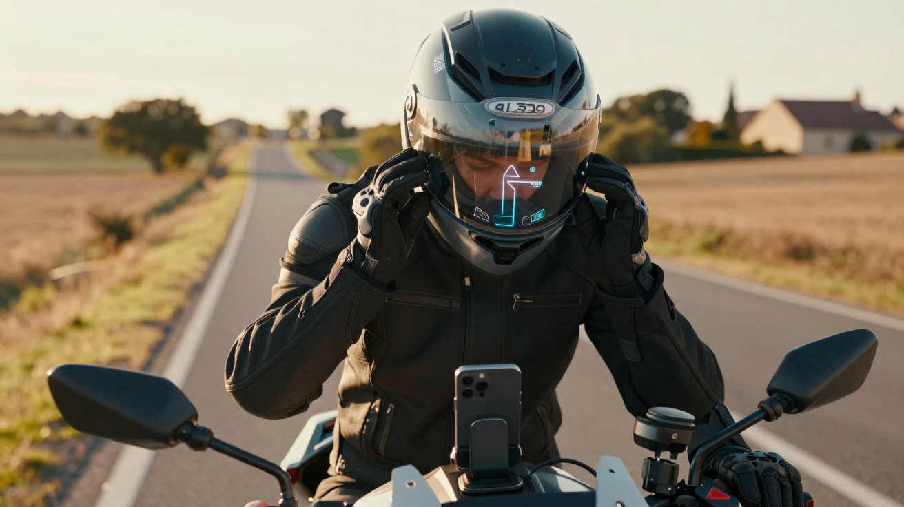 Motoqueiro com capacete ajustando o visor enquanto usa sistema de navegação digital na estrada.