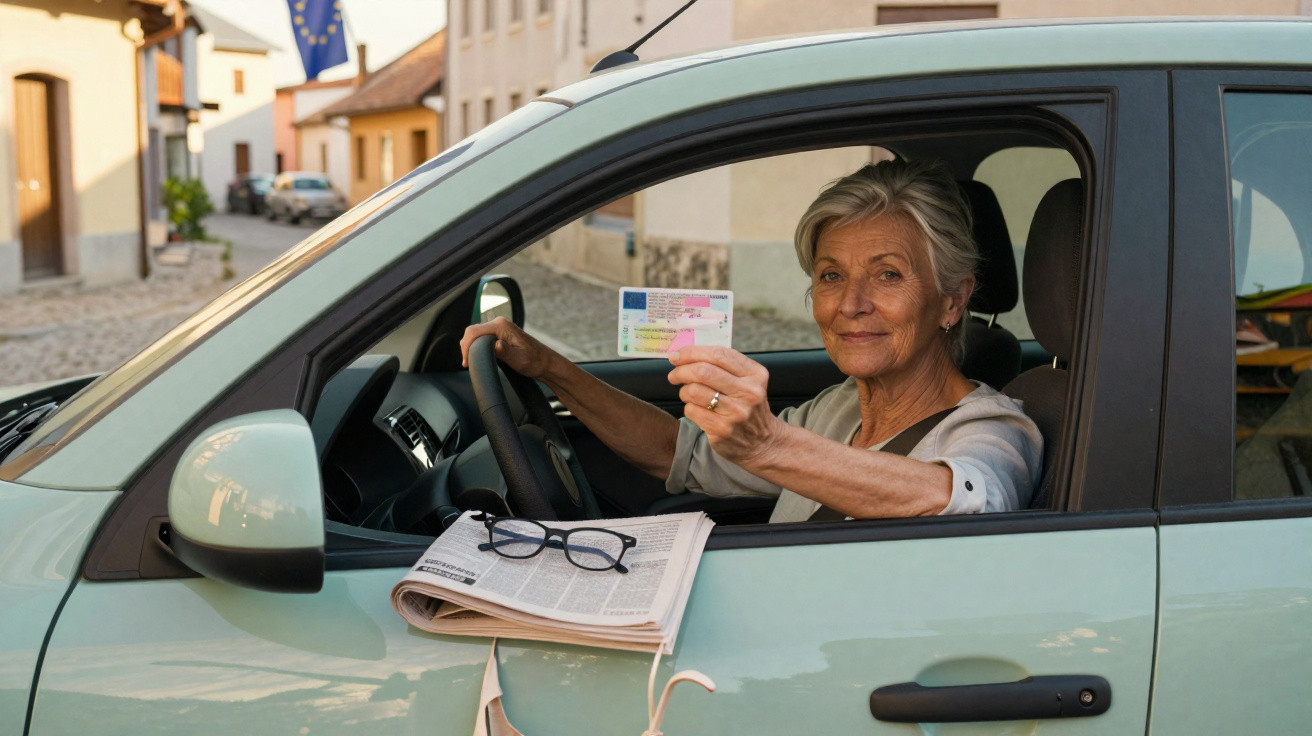 Mulher idosa dirigindo carro exibe carteira de motorista, com jornal e óculos no volante.