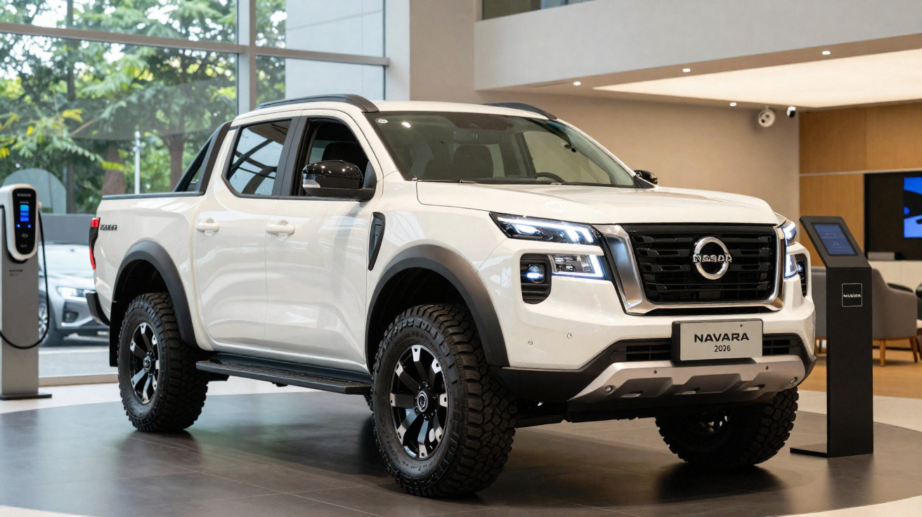 Picape branca Nissan Navara 2023 exposta em showroom moderno com grande vitrine.