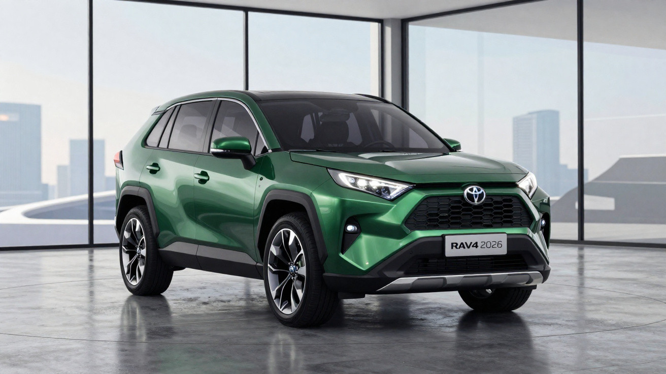 Carro SUV Toyota RAV4 2026 na cor verde estacionado em ambiente interno moderno com vidro panorâmico.
