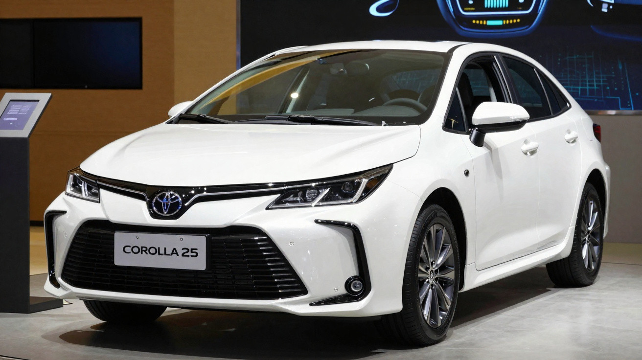 Carro branco Toyota Corolla 25 exposto em ambiente interno com luz artificial.