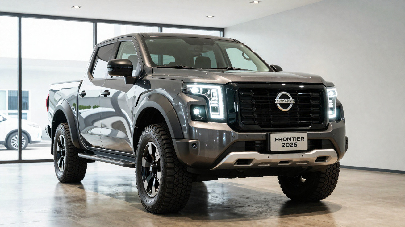 Picape Nissan Frontier 2026 cinza em showroom moderno com faróis acesos e roda preta robusta.