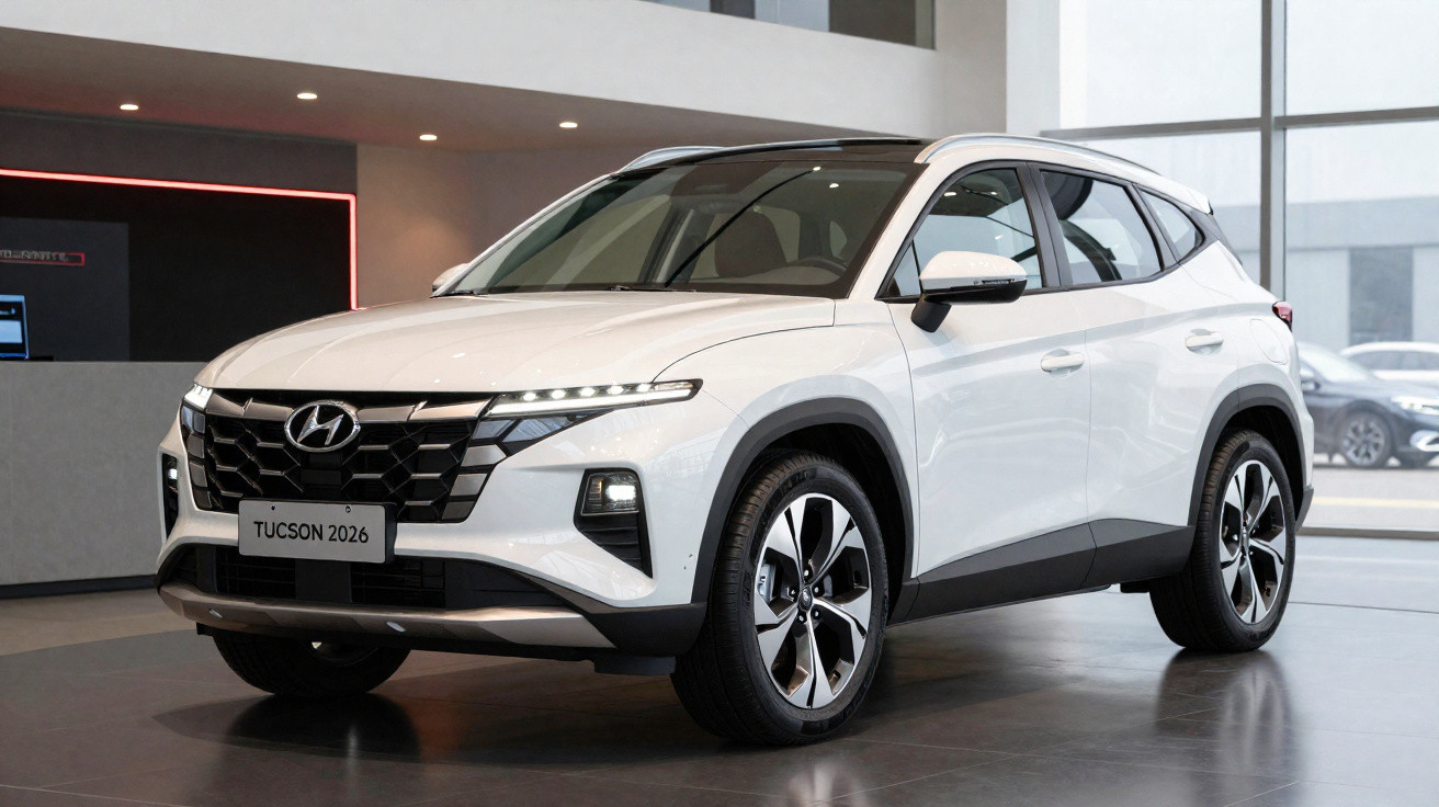 SUV Hyundai Tucson 2026 branco, moderno e exposto em showroom com iluminação natural e ambiente minimalista.