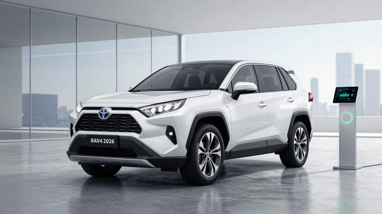 Toyota RAV4 2026 branco elétrico carregando em estação em garagem moderna com paredes de vidro.