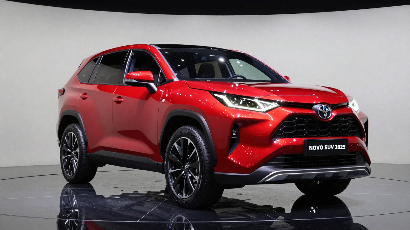 Carro SUV vermelho Toyota novo modelo 2025 em exposição com fundo branco e piso preto brilhante.