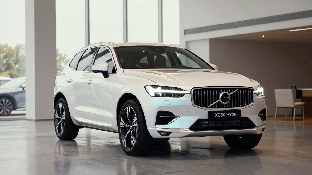 SUV Volvo XC60 branco exibido em showroom moderno com iluminação natural.