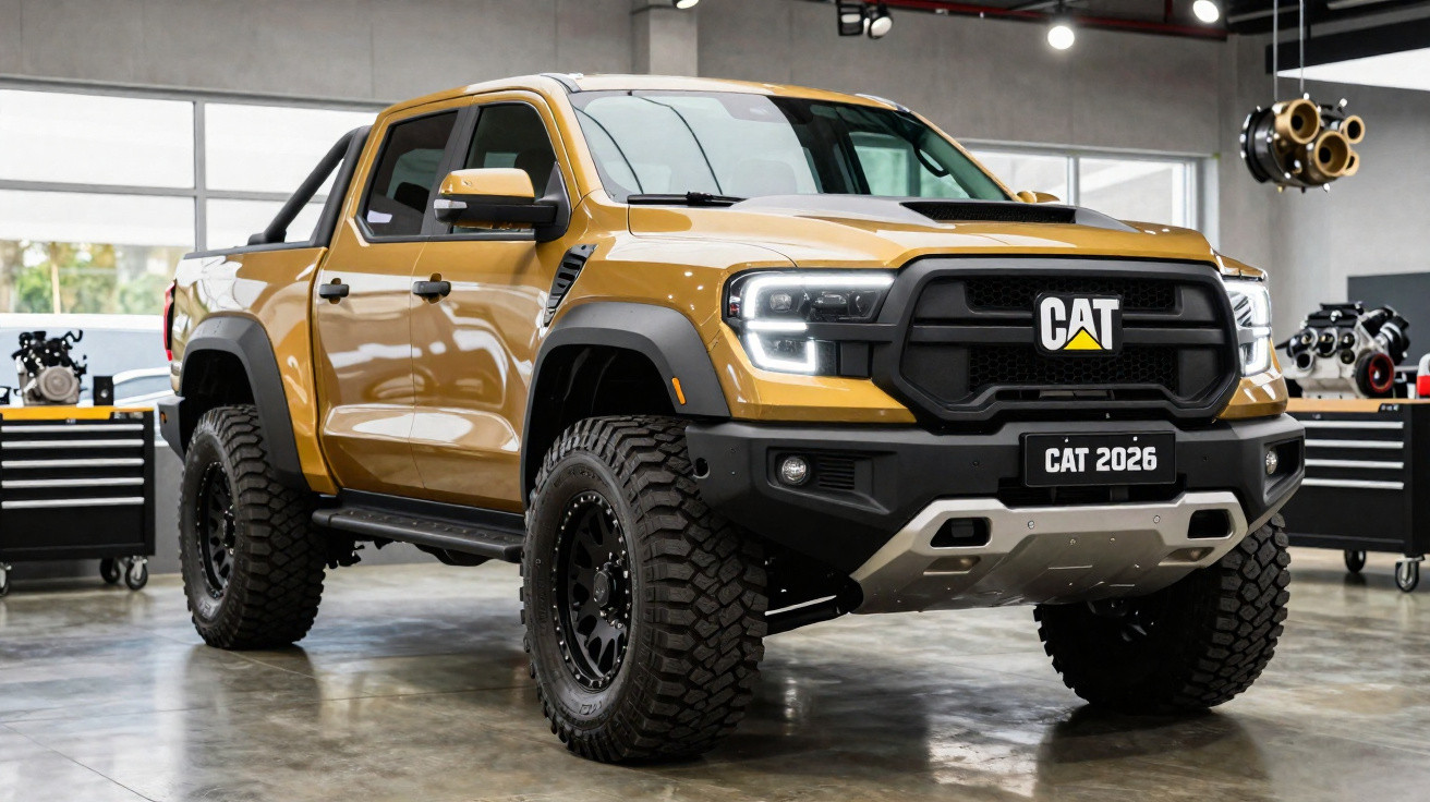 Picape amarela CAT 2026 em exposição interna, com pneus robustos e design moderno e agressivo.