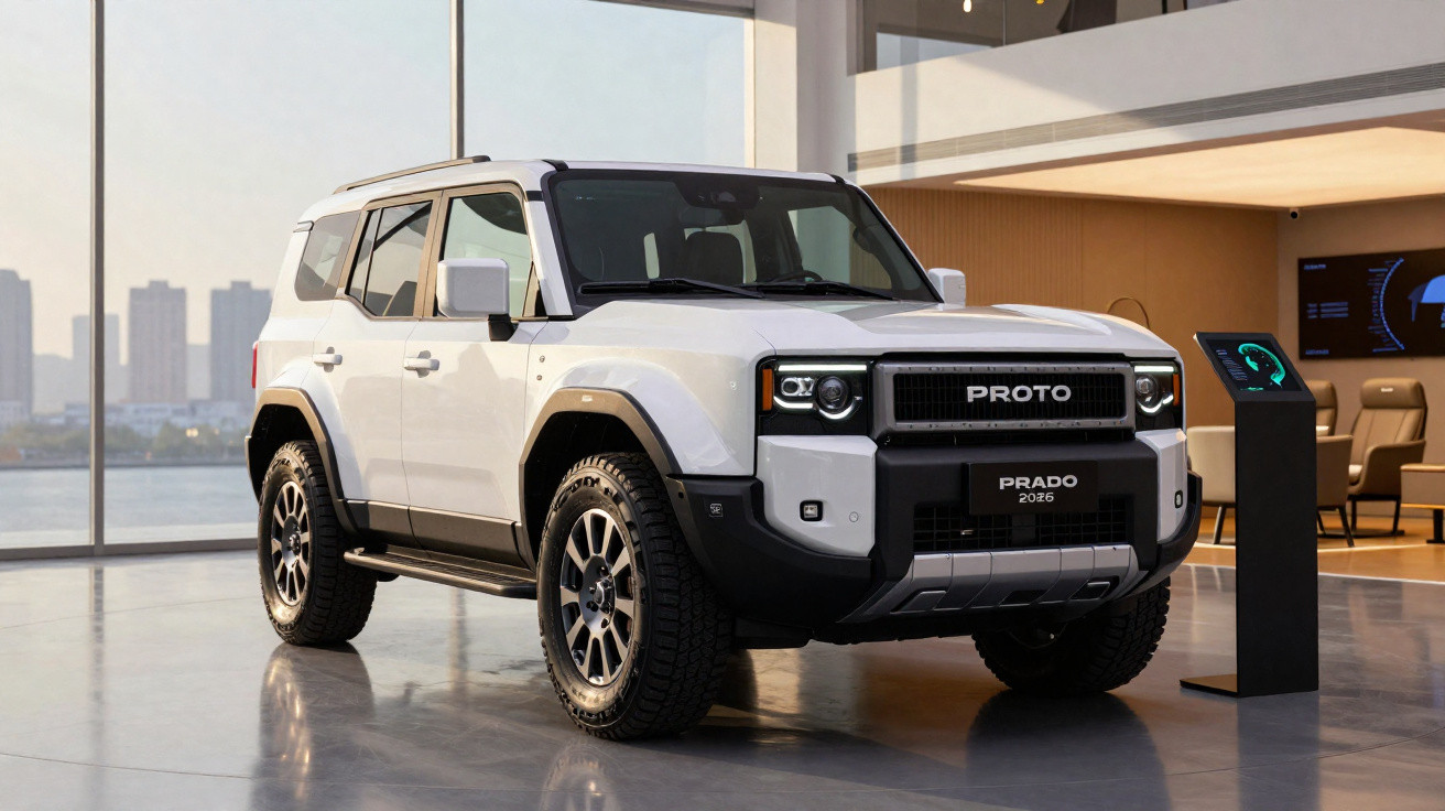 SUV branco modelo Prado 2076 estacionado em ambiente moderno com janelas grandes e vista urbana ao fundo.