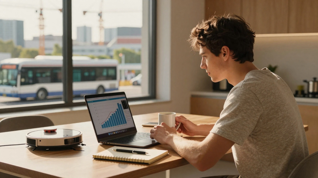 Jovem sentado em mesa com notebook mostrando gráfico, segurando caneca, em ambiente iluminado com janela grande.