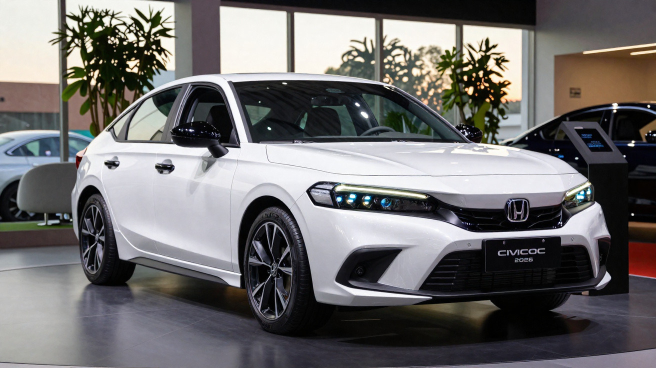 Carro Honda Civic 2023 branco em exposição dentro de showroom moderno com plantas ao fundo.