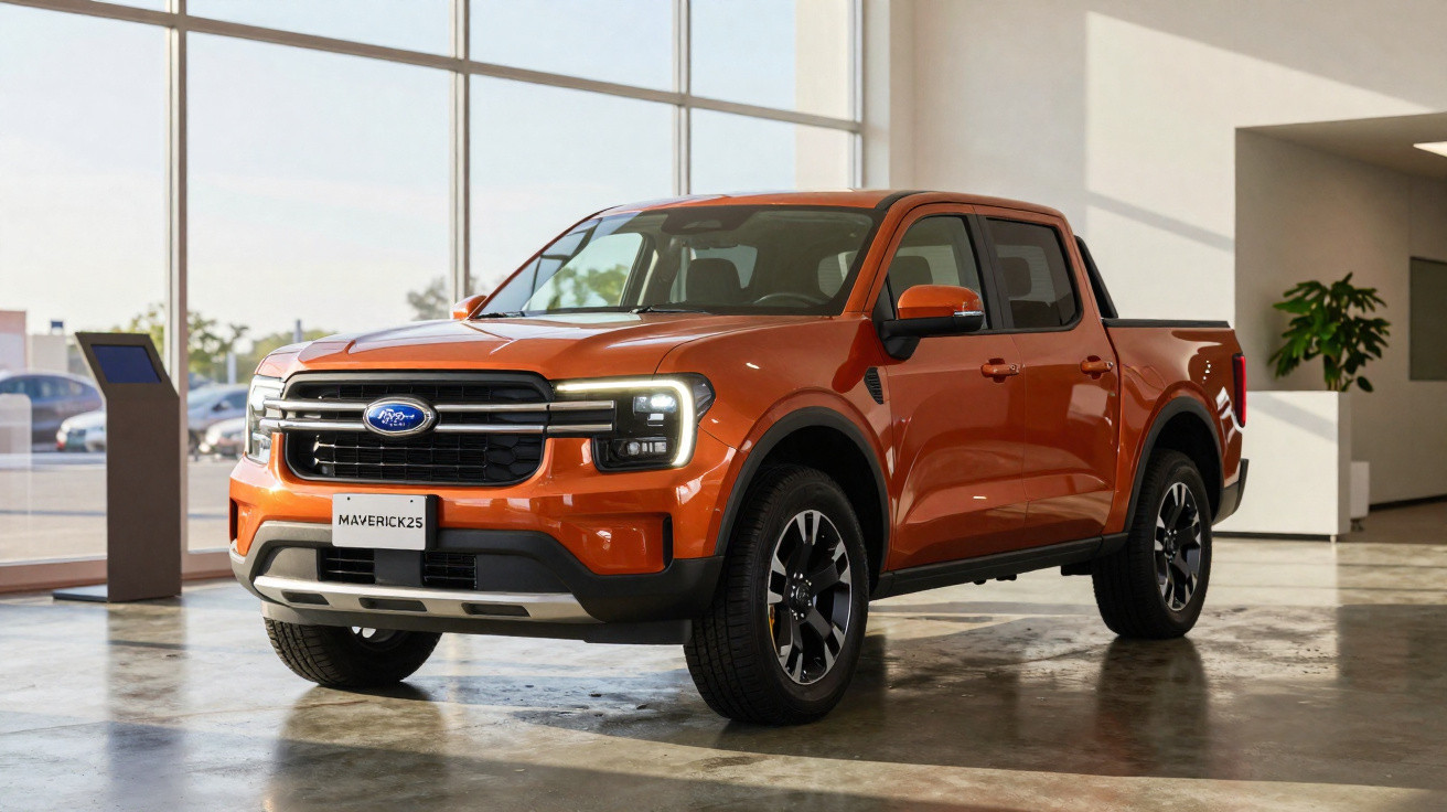 Picape Ford Maverick 2023 laranja exibida em showroom com teto solar e rodas pretas.