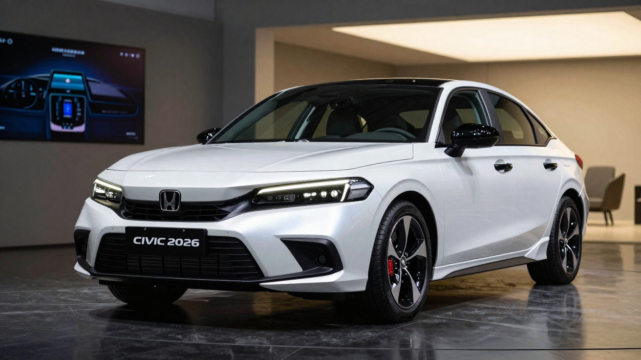 Carro Honda Civic 2026 branco exibido em ambiente interno com luz ambiente suave.