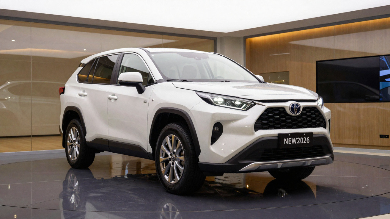 SUV branco Toyota Corolla Cross 2026 em exposição interna com luzes acesas e detalhes em preto.