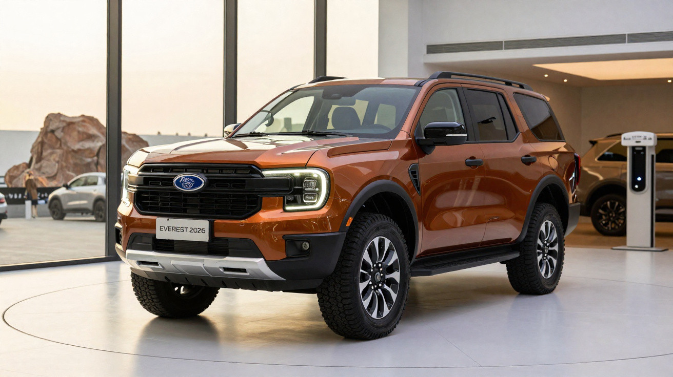 SUV Ford Everest 2026 laranja em exposição, com faróis em LED e acabamento robusto.