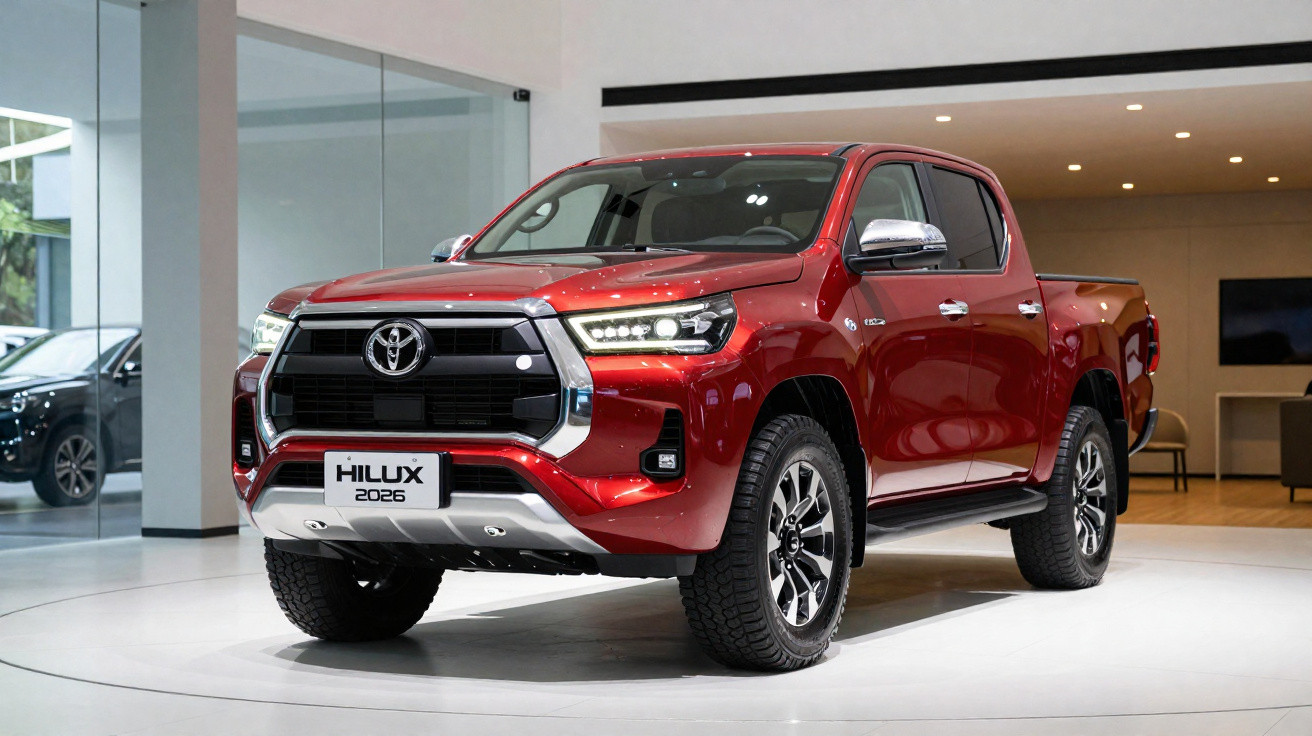 Picape Toyota Hilux vermelha 2026 em exposição interna com iluminação ambiente.