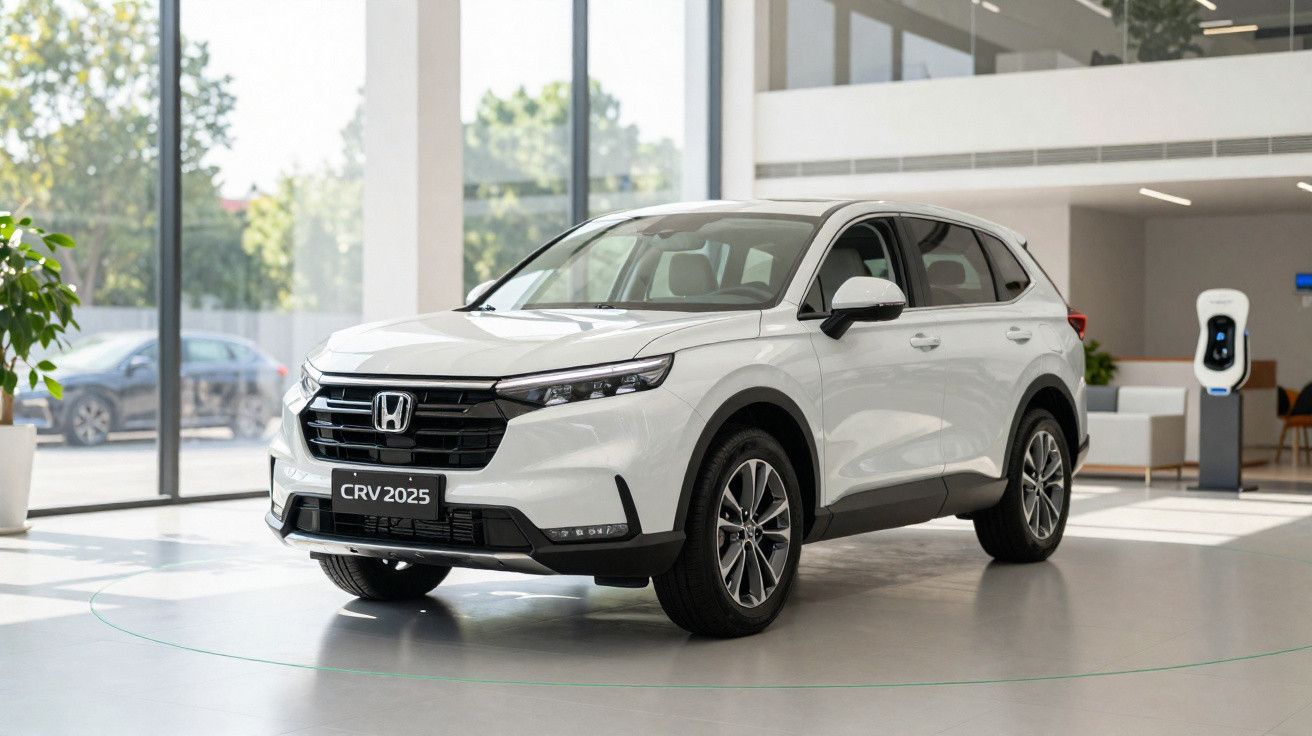 Carro SUV branco Honda CRV 2025 exposto em showroom moderno com grande janela e piso claro.