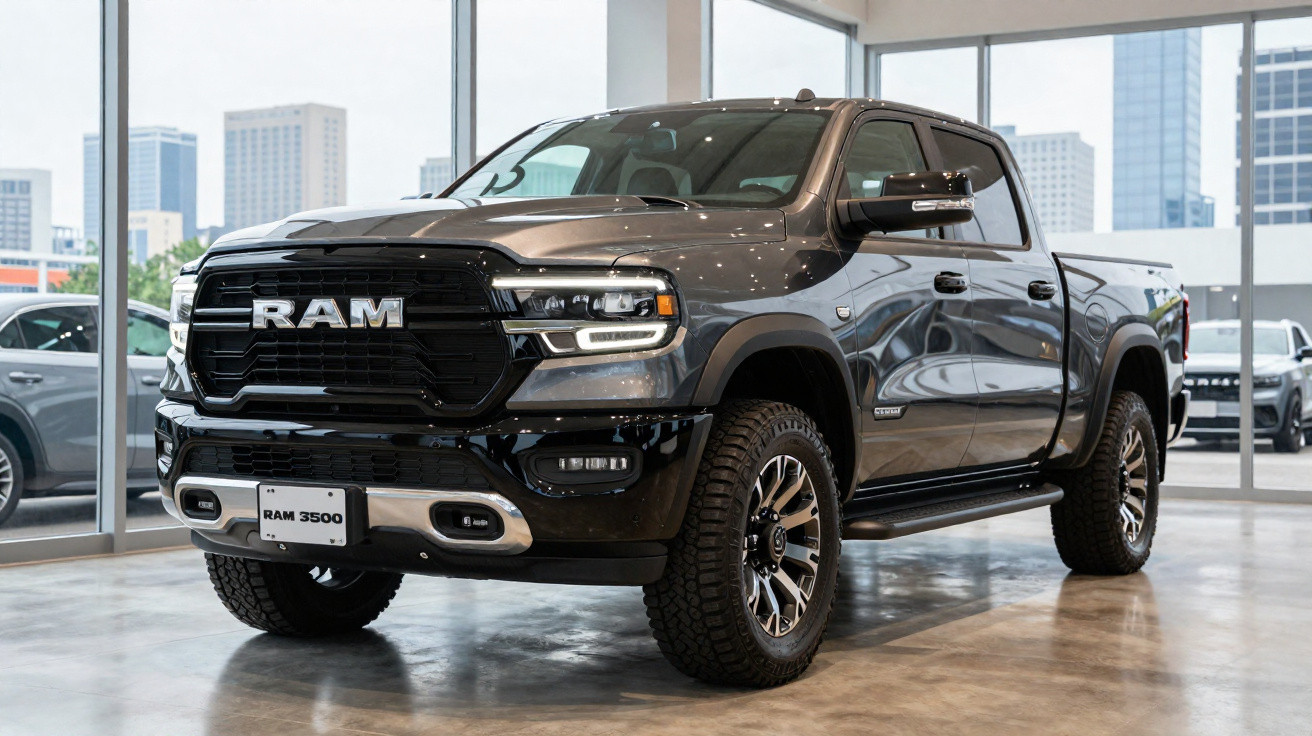 Picape preta Ram 3500 estacionada em showroom com janelas grandes e prédio ao fundo.