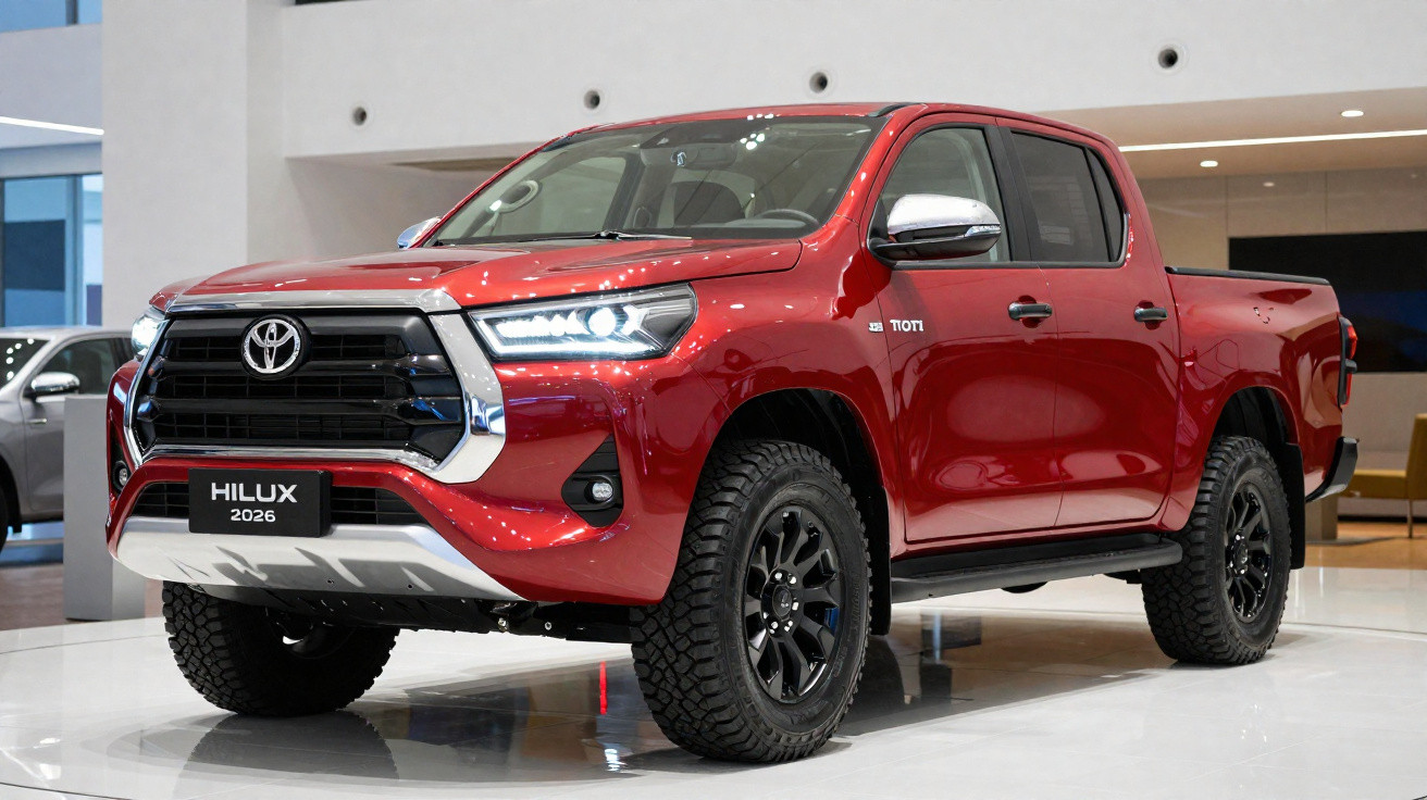 Picape Toyota Hilux 2026 vermelha em exibição em ambiente interno moderno.