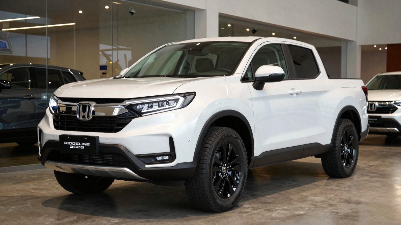 Picape Honda Ridgeline 2023 branca, com rodas pretas, estacionada em showroom moderno.