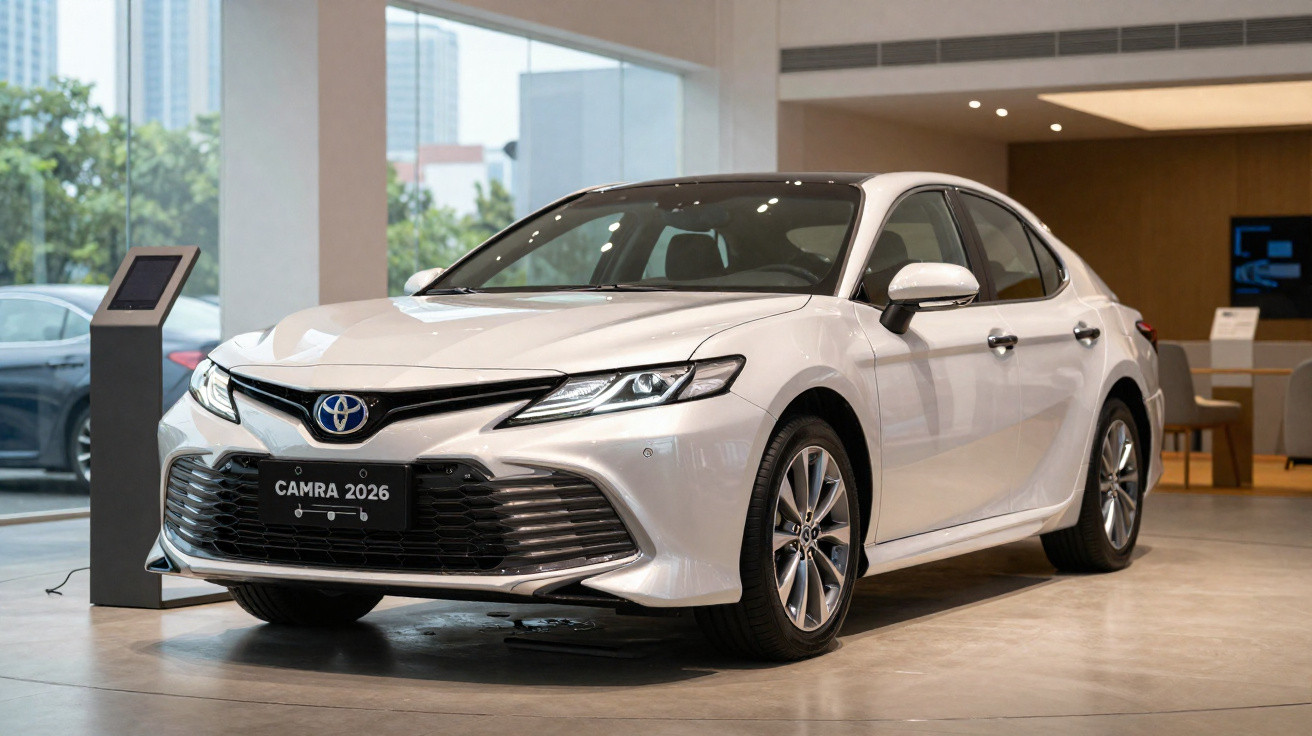 Carro branco Toyota Camry 2026 exibido em showroom moderno com janelas grandes e piso claro.