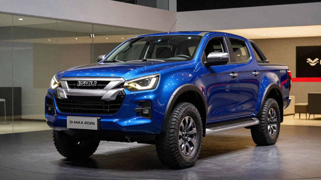 Picape Isuzu D-Max 2026 azul metálico exibida em salão de automóveis moderno.