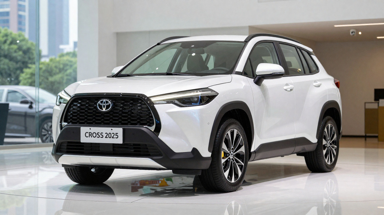 SUV branco Toyota Cross 2025 exibido em ambiente interno iluminado.