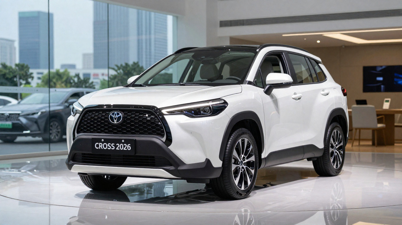 Carro SUV branco Toyota Cross 2026 exposto em ambiente interno moderno com vidro e edifícios ao fundo.