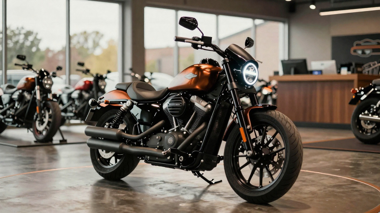 Motocicleta Harley-Davidson preta e cobre estacionada dentro de concessionária com outras motos ao fundo.