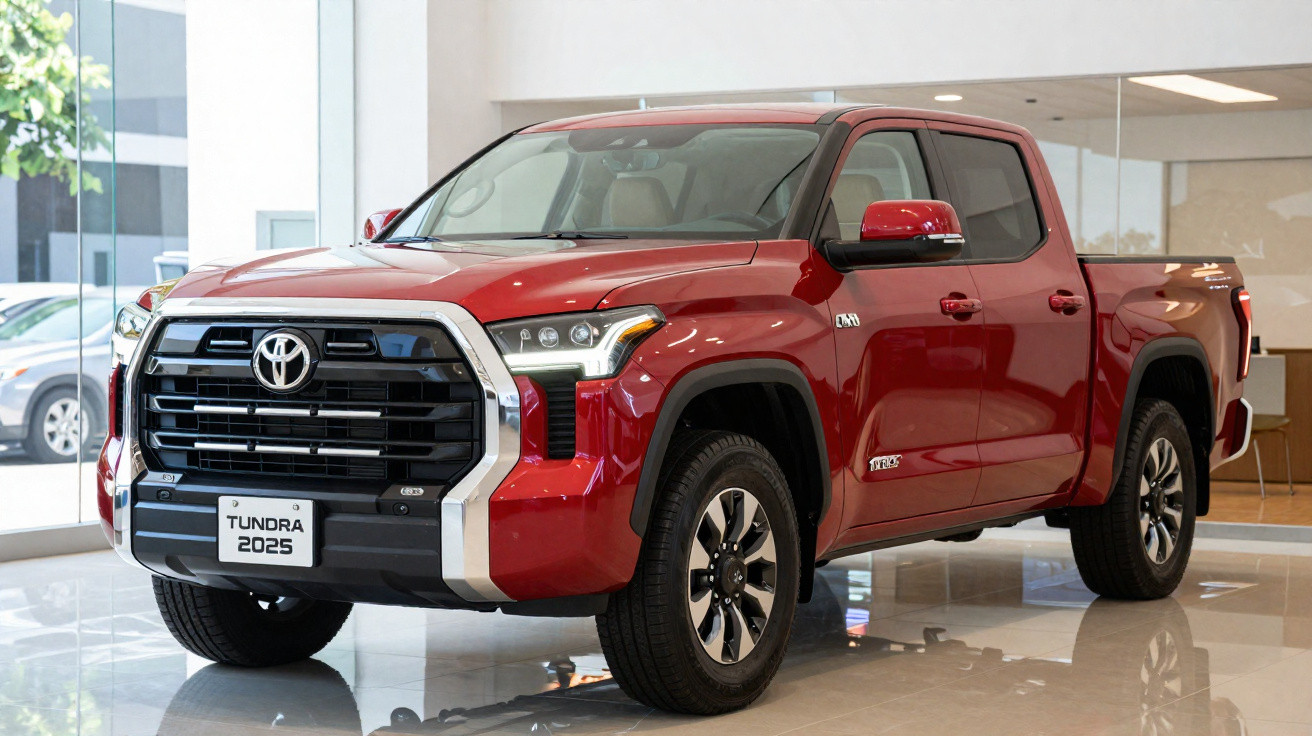 Picape Toyota Tundra 2025 vermelha exibida em showroom moderno e iluminado.