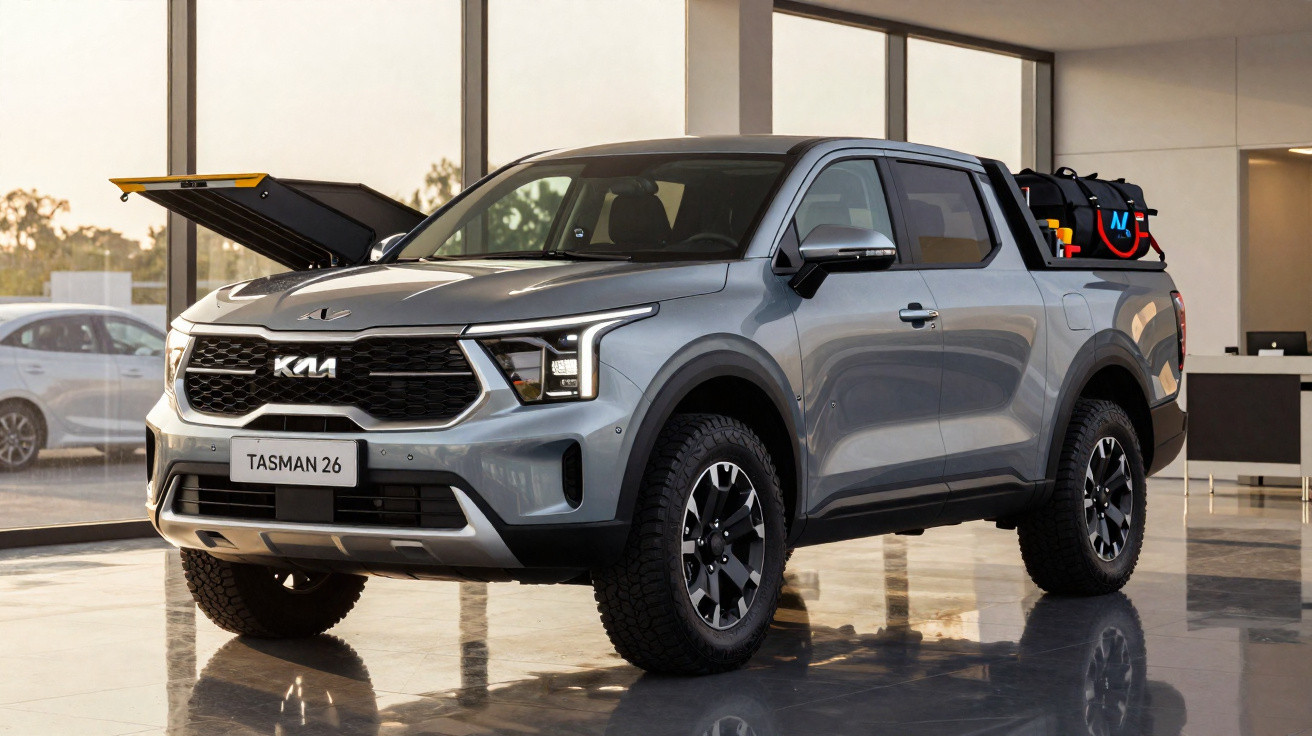 Picape Kia Tasman 26 prata estacionada em showroom moderno com tubarão aberto e equipamentos na caçamba.
