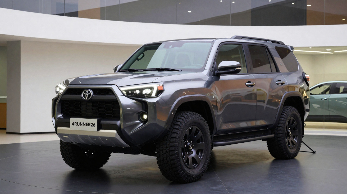 SUV Toyota 4Runner cinza em exposição interna com pneus robustos e faróis iluminados.