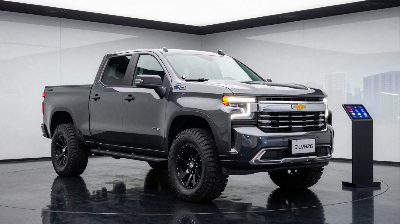 Picape Chevrolet Silverado cinza estacionada em ambiente interno com painel digital ao lado.
