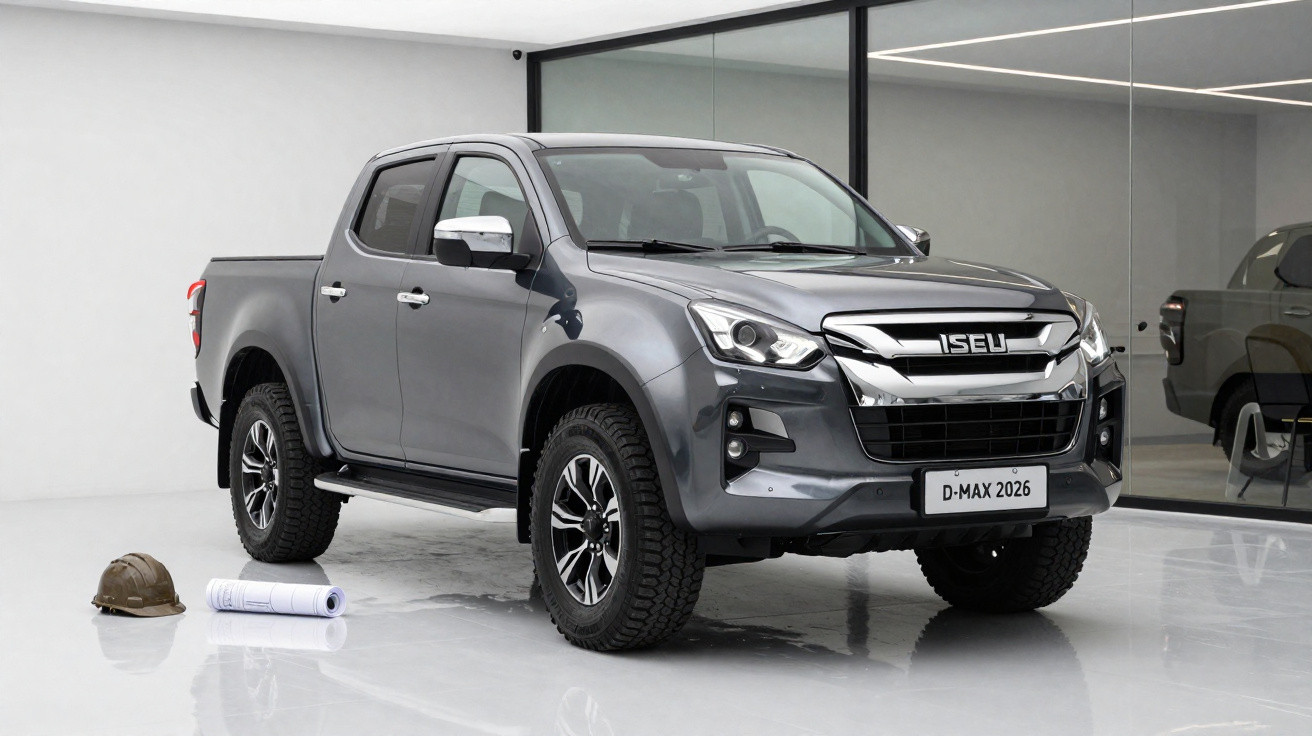 Picape cinza escuro ISU D-Max 2026 em ambiente interno com capacete e planta baixa no chão.