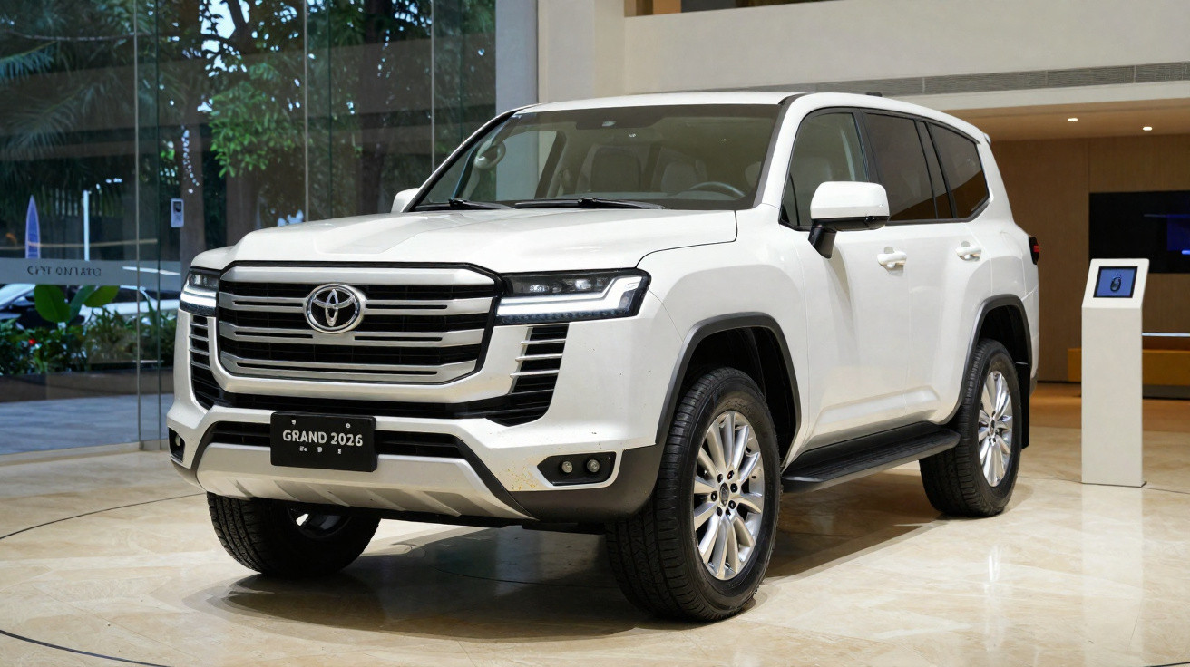 SUV Toyota Land Cruiser 2026 branco em exibição em ambiente interno moderno.