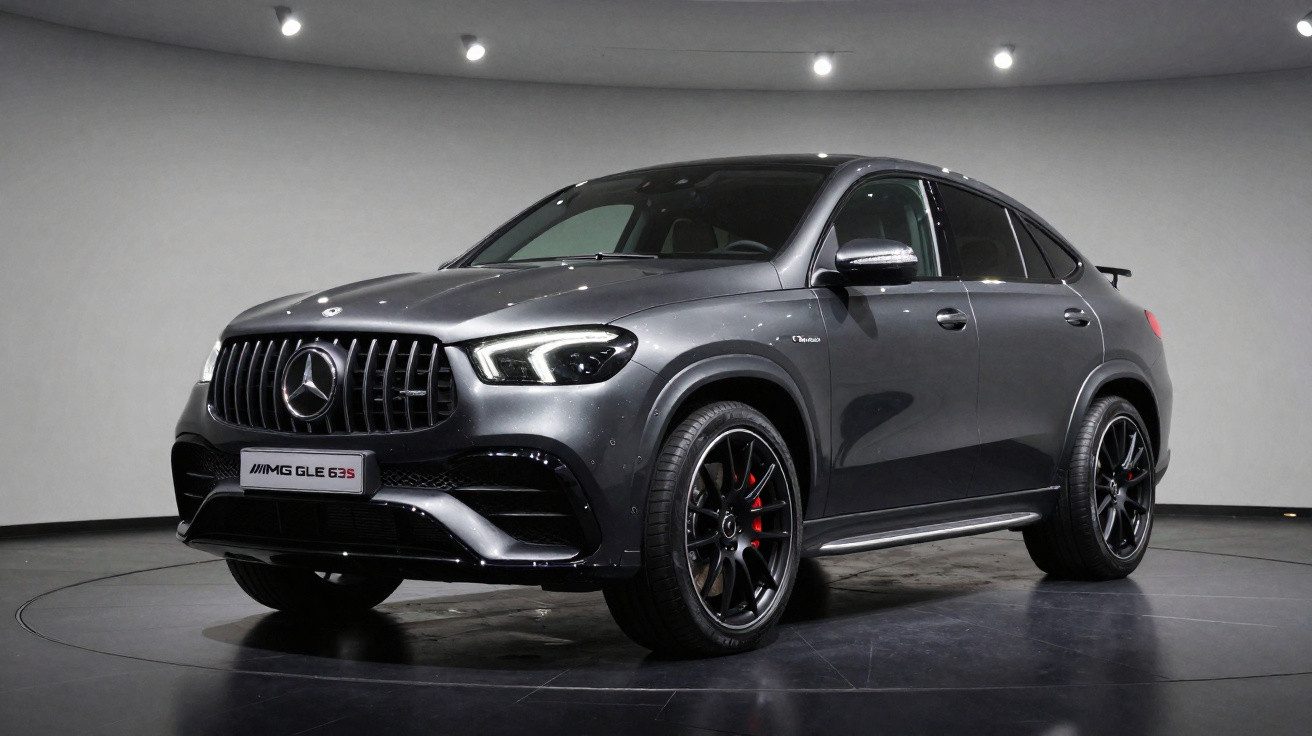 Mercedes-AMG GLE 63 S cinza escuro em estande com iluminação interna, destaque para rodas pretas e detalhes vermelhos.