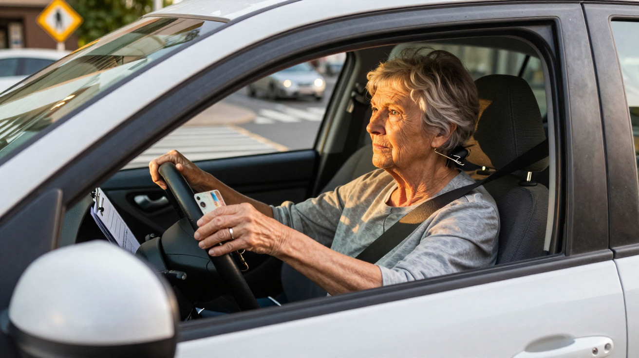 Mulher idosa dirigindo carro branco, usando cinto de segurança e segurando documento.