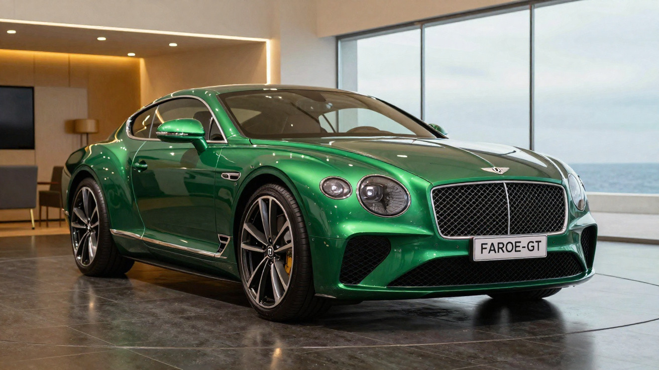 Carro esportivo verde Bentley Faroe-GT em showroom moderno com piso escuro e janelas grandes.