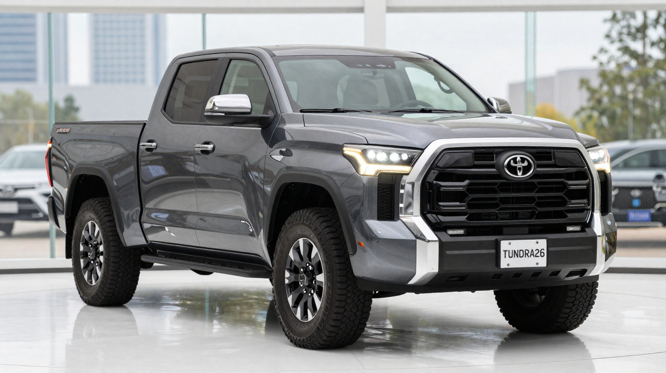 Picape Toyota Tundra cinza escuro estacionada em ambiente interno, vista frontal e lateral direita.