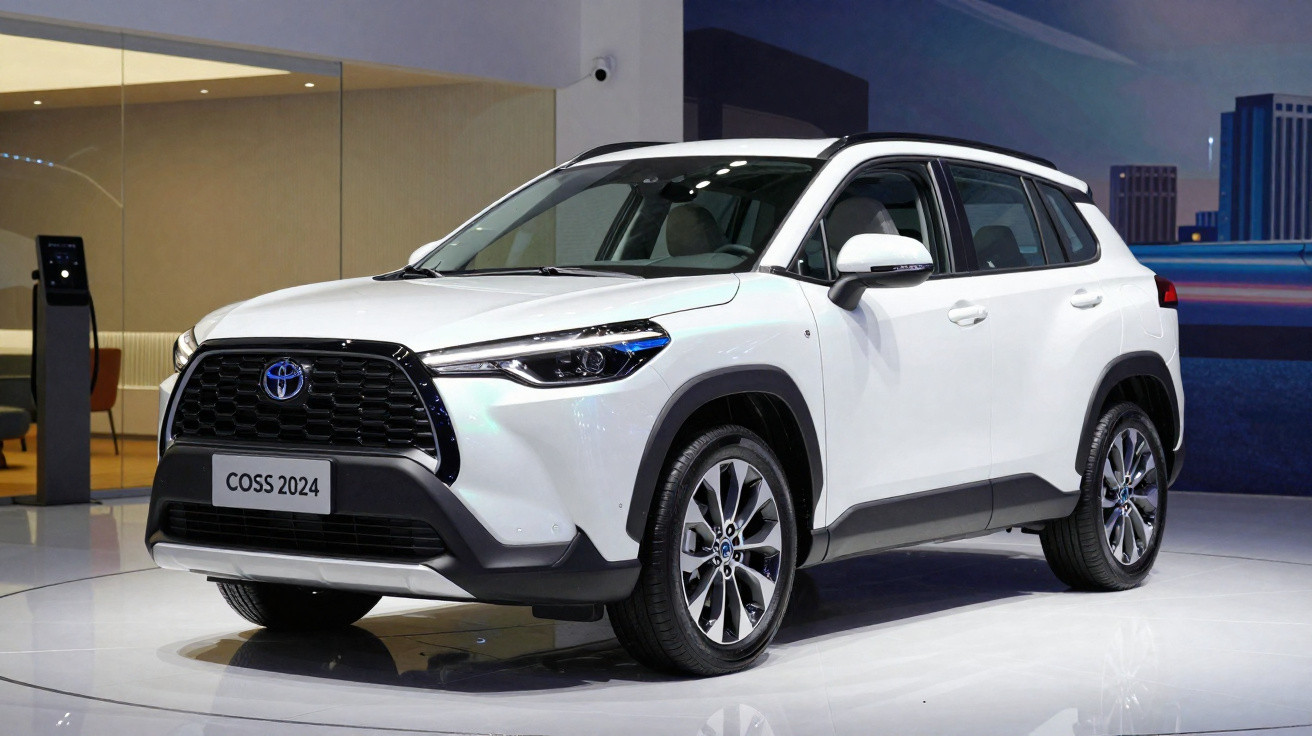 Carro SUV branco Toyota Coss 2024 exibido em showroom moderno com iluminação branca.