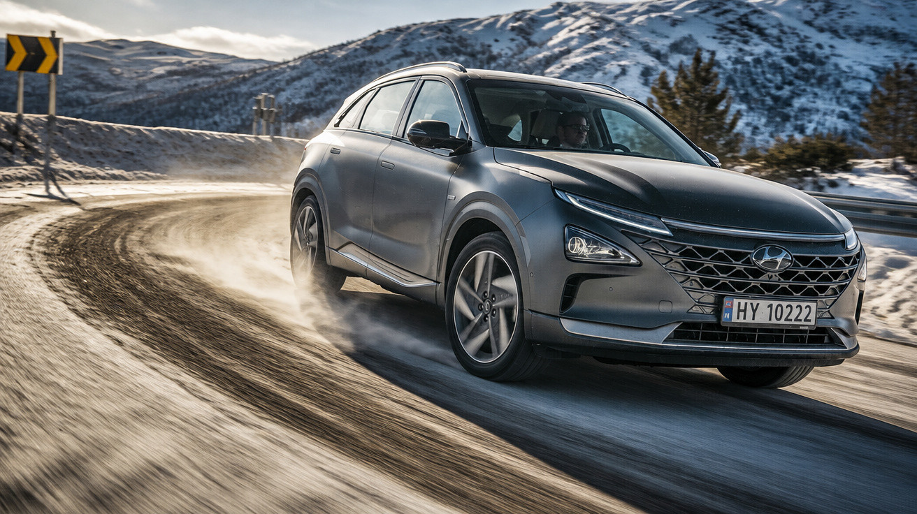 Carro Hyundai cinza dirigindo em estrada curva com neve e montanhas ao fundo.