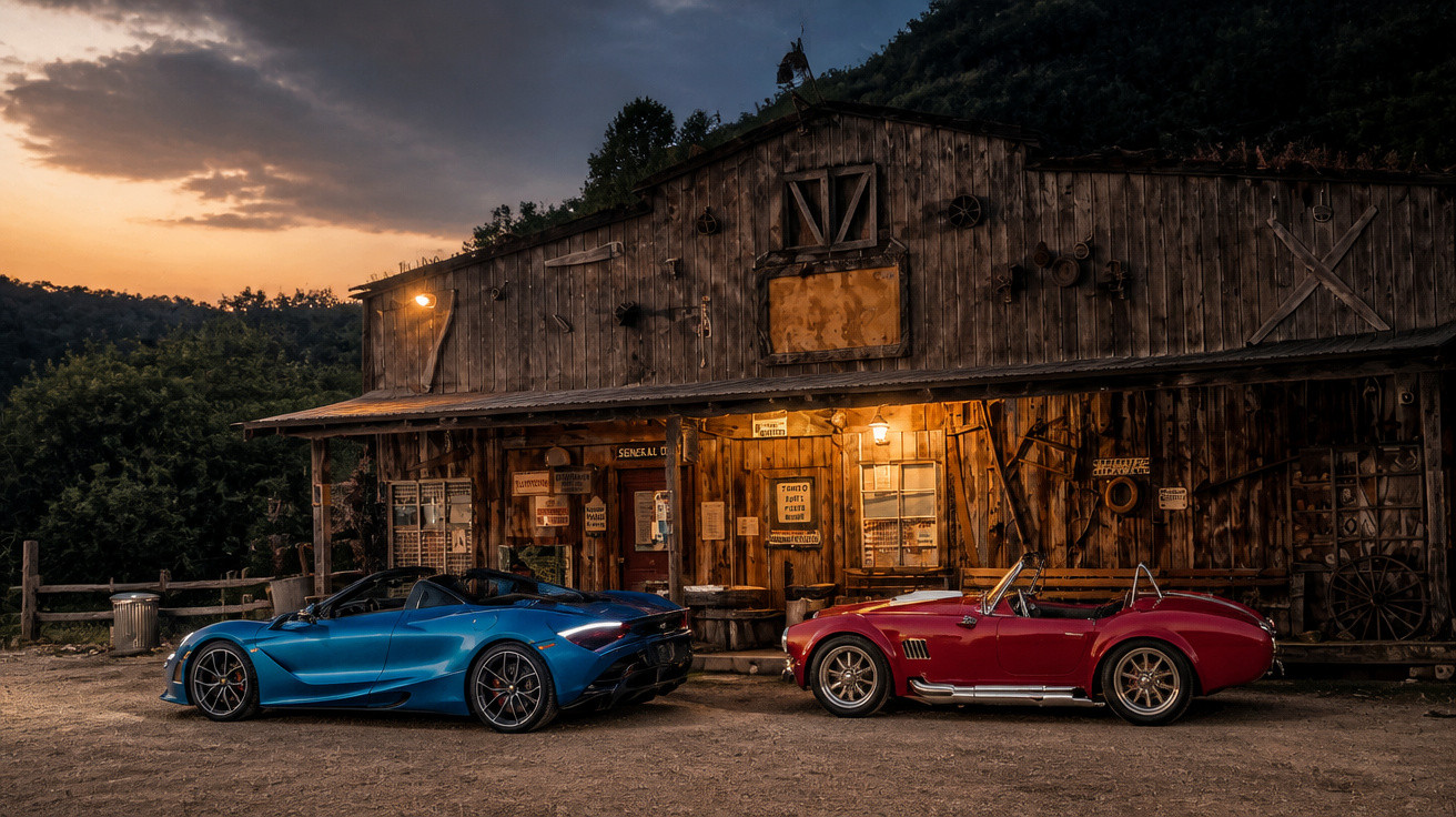 Dois carros esportivos, azul e vermelho, estacionados em frente a um casarão rústico de madeira ao anoitecer.