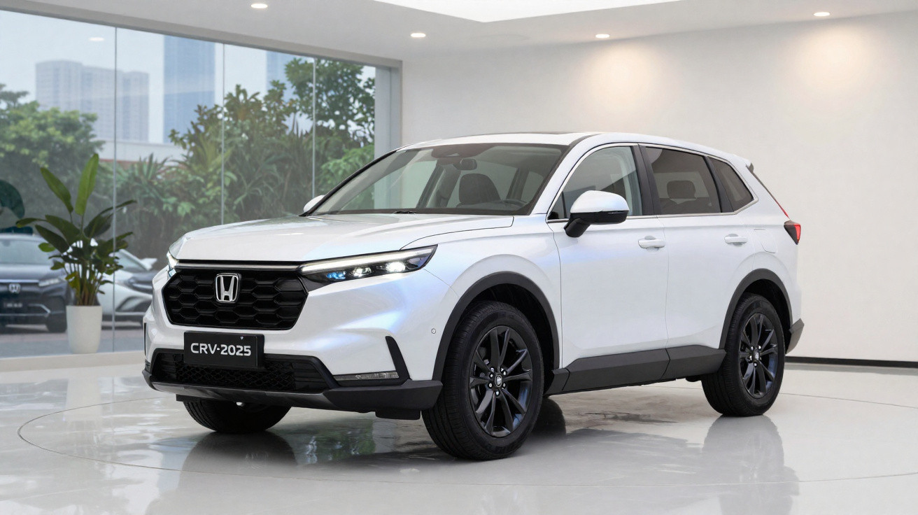 SUV branco Honda CRV 2025 em ambiente interno, com detalhes em preto e rodas esportivas.