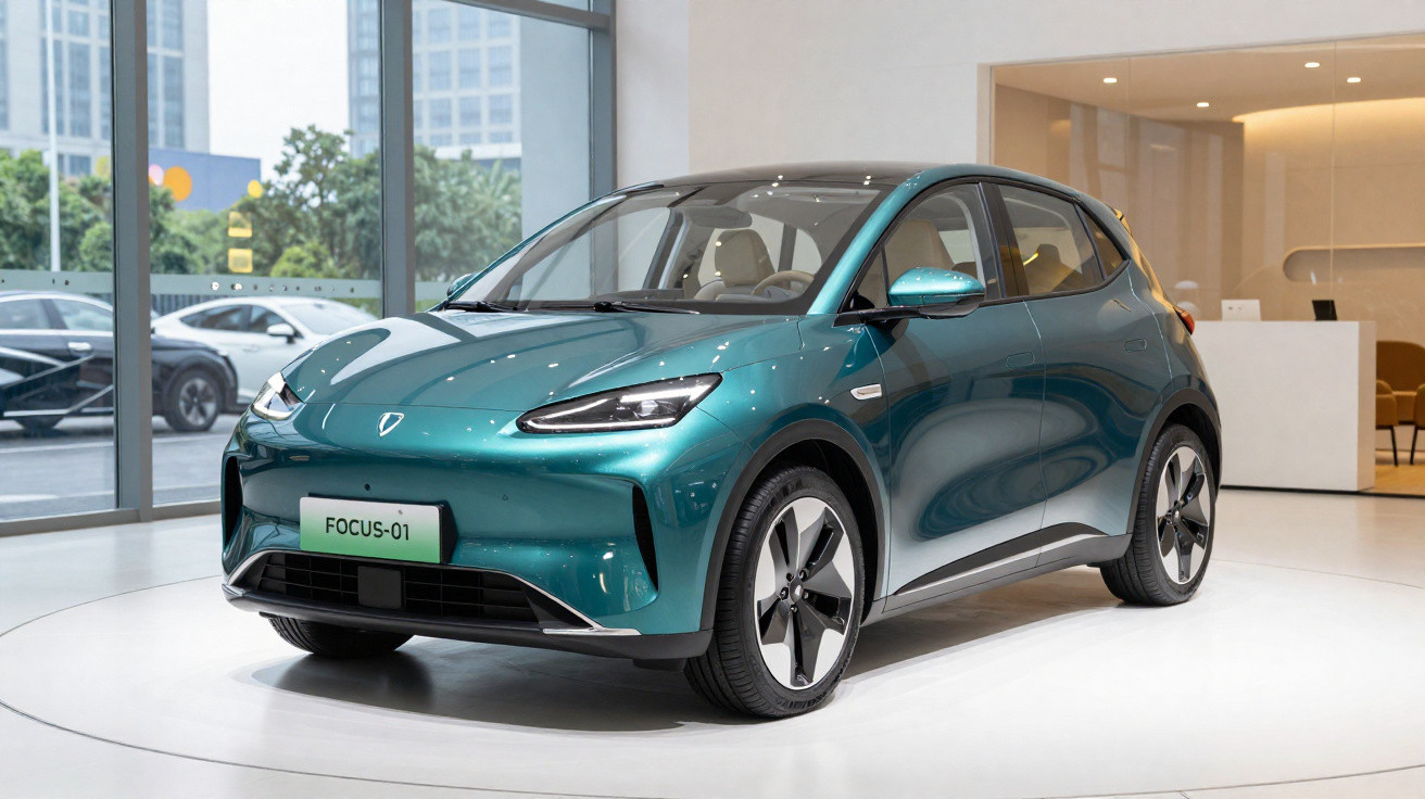 Carro elétrico compacto verde em exposição com design aerodinâmico e rodas modernas em showroom.