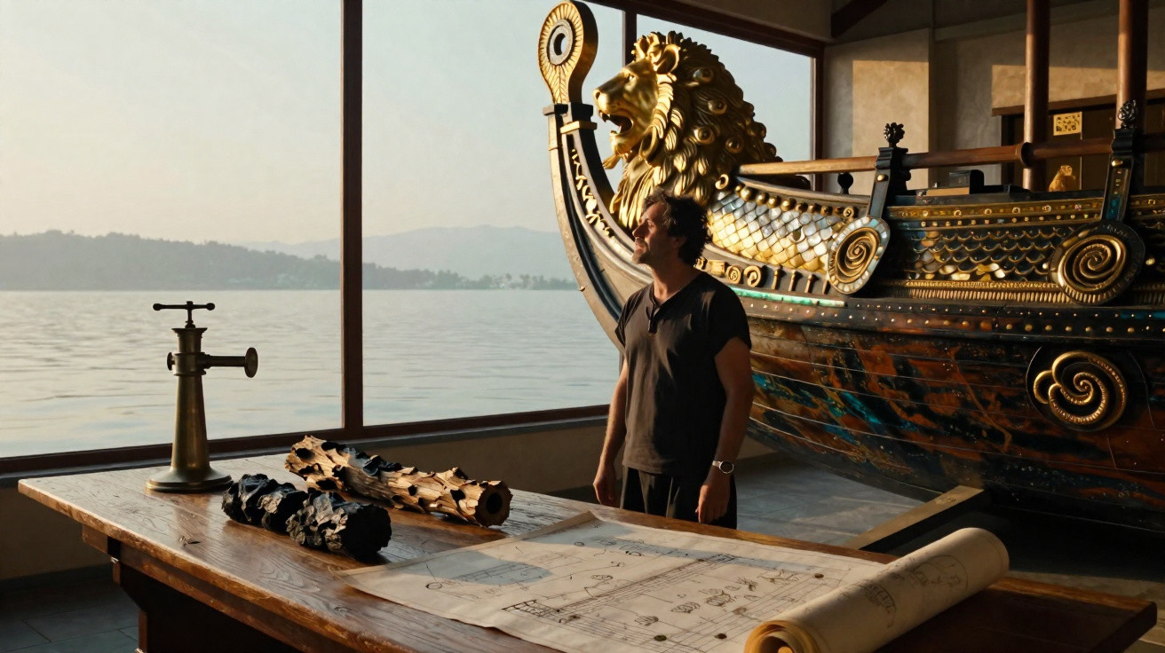 Homem observa modelo de barco dourado decorado com leão em sala com vista para lago e mesa com plantas.