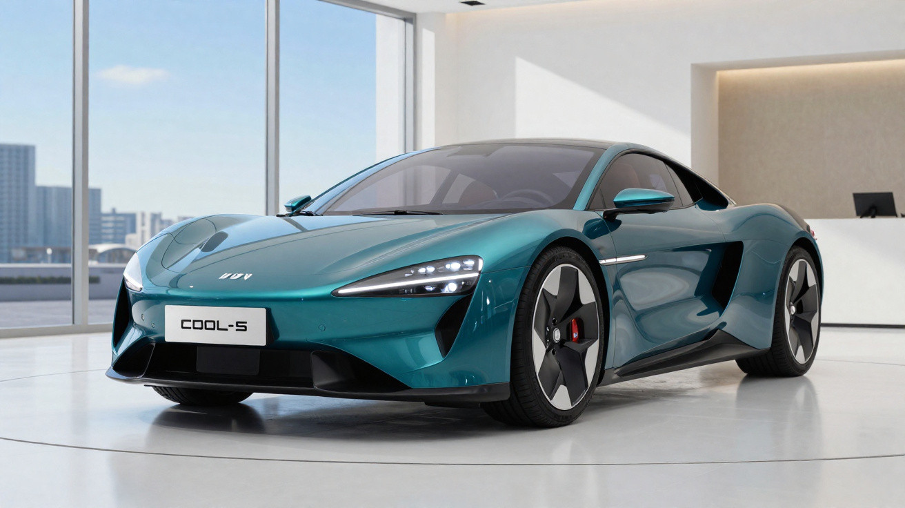 Carro esportivo elétrico azul com design futurista em exposição interna moderna.