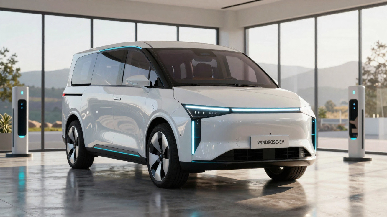Carro elétrico branco Windrose-EV estacionado dentro de garagem moderna com carregadores ao fundo.