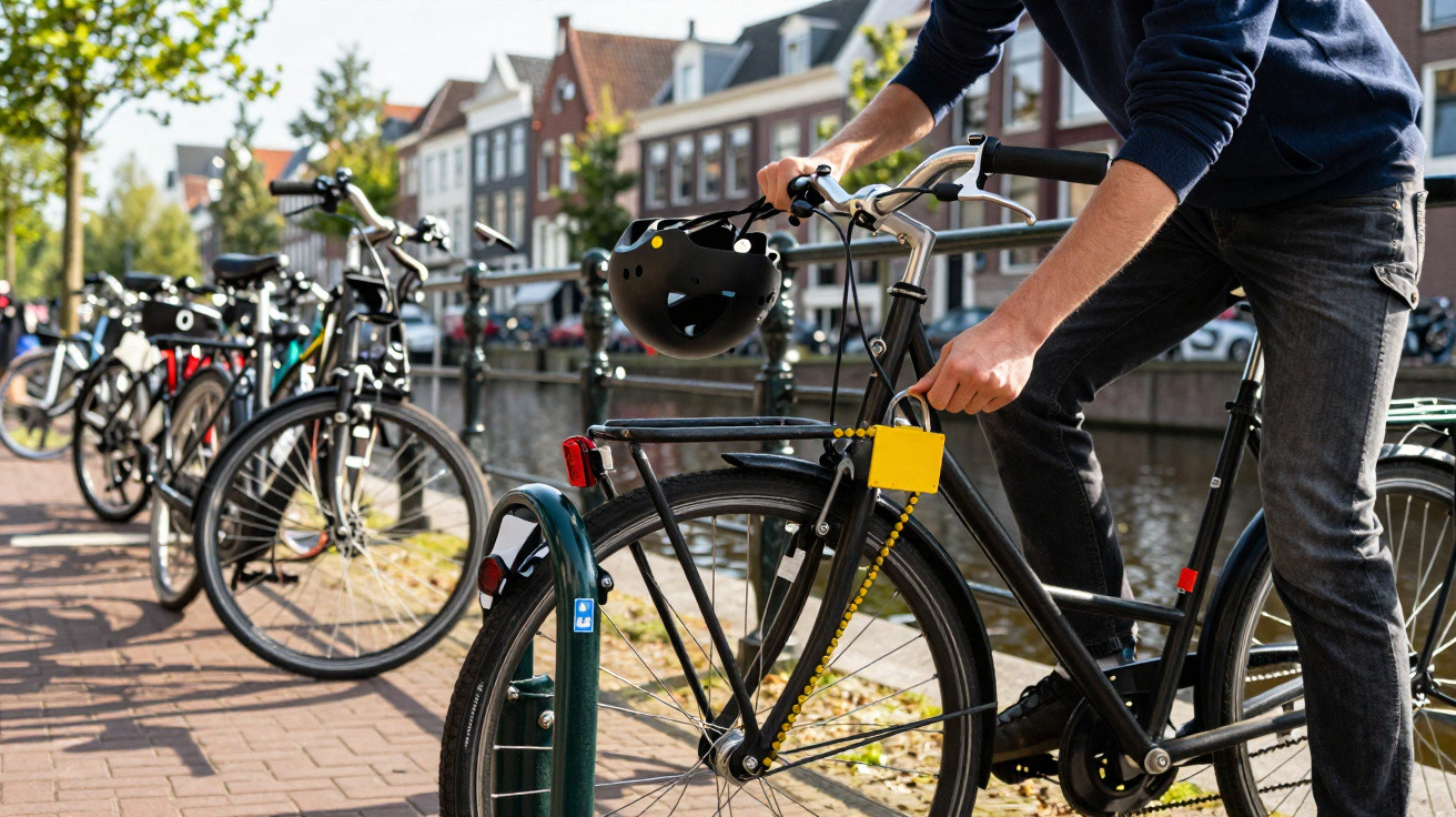 Pessoa prendendo bicicleta preta com cadeado amarelo em paraciclo próximo a canal e casas tradicionais na Holanda.