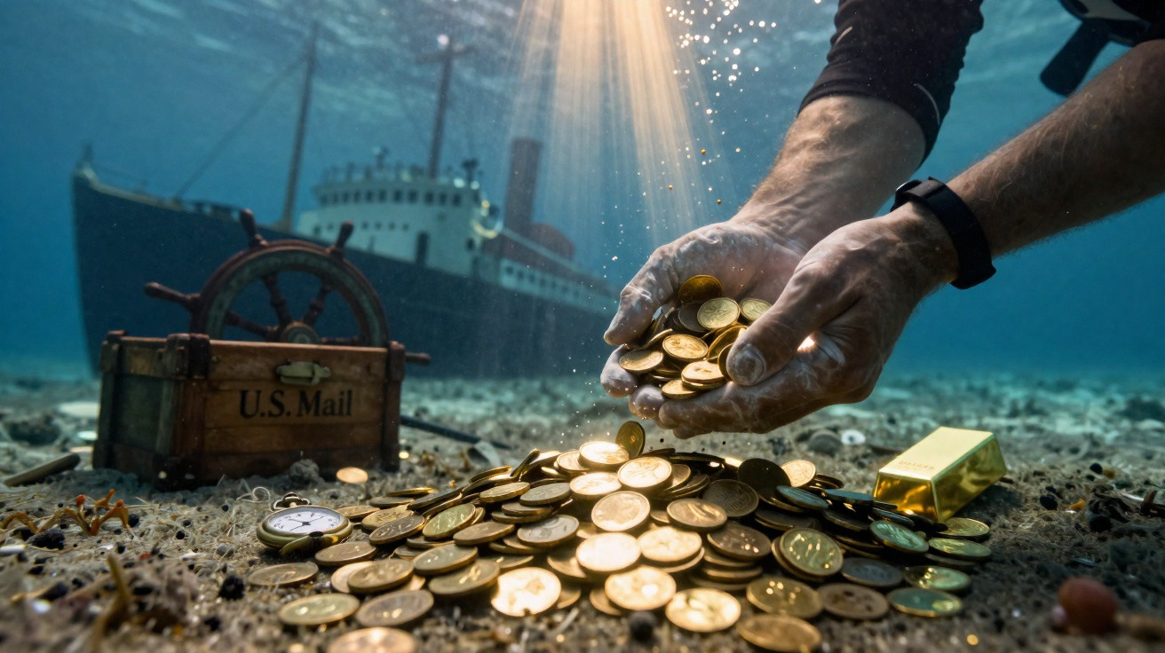 Mergulhador recolhe moedas de ouro no fundo do mar, próximo a um navio naufragado e um baú com a inscrição U.S. Mail.