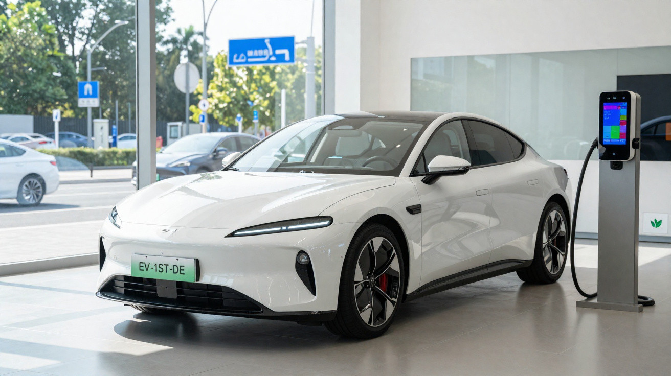 Carro elétrico branco estacionado em showroom, conectado a estação de recarga moderna.
